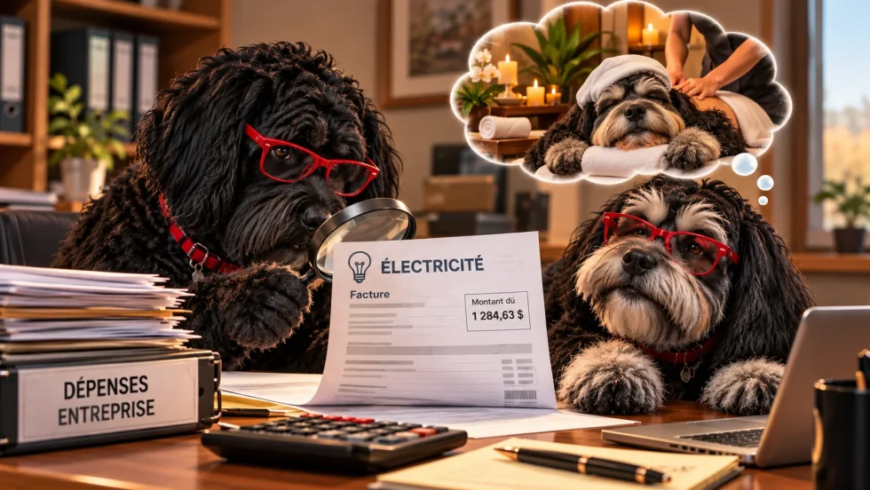 L'investigation (la juricomptabilité) : Le chien de gauche scrute à la loupe une facture d'entreprise (électricité). La supercherie (la fraude) : La bulle de pensée du chien de droite révèle la véritable nature de la dépense, soit un massage relaxant au spa, qui a été camouflée sous une fausse facture d'entreprise. Fraude : Fausses dépenses