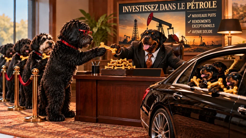 La fausse promesse : L'affiche en arrière-plan « INVESTISSEZ DANS LE PÉTROLE » promettant des « rendements exceptionnels » représente l'appât irréaliste et le faux modèle d'affaires utilisés pour attirer les victimes. Pyramide de Ponzy