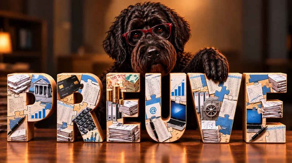 Un chien noir portant des lunettes rouges pose ses pattes sur de grandes lettres en 3D formant le mot "PREUVE". et représente le rôle du juricomptable