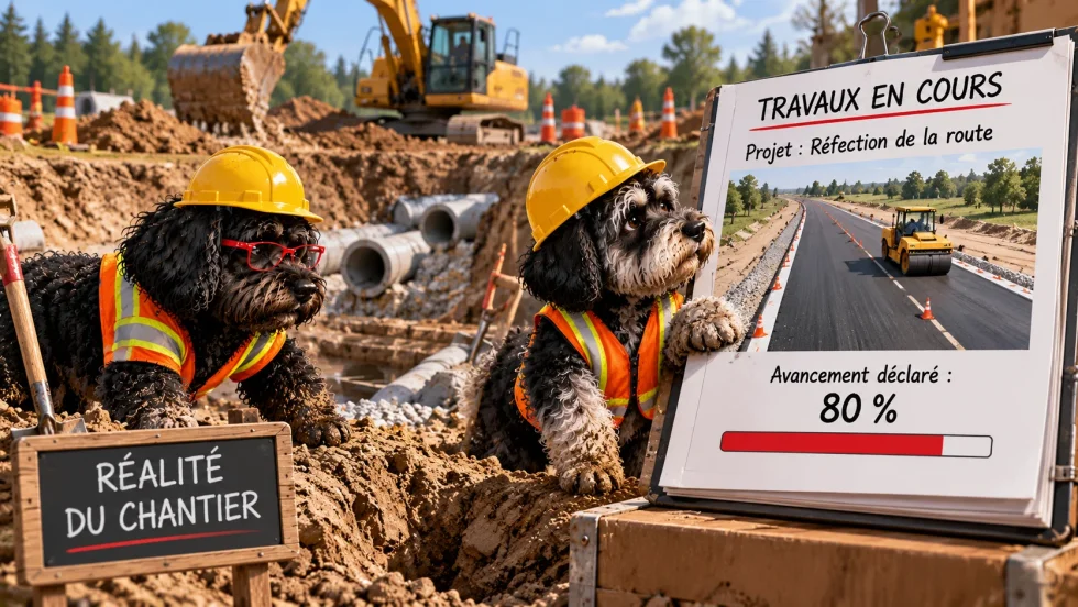 La fausse représentation (à droite) : Le rapport officiel prétend que le projet (« Réfection de la route ») a un « Avancement déclaré » de 80 %, illustré par la photo d'une route asphaltée presque terminée. Manipulation des états financiers : travaux en cours