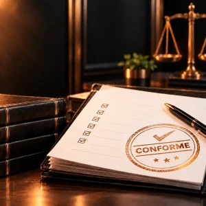 conformite-opt-1- met en scène un document officiel comportant une liste de contrôle aux cases dument coché et marqué d'un sceau « CONFORME ». L'arrière-plan comprend des livres de droit et une balance de la justice Son but est de démontrer l'importance de vérifier et d'assurer le respect rigoureux des normes, des lois et des réglementations dans l'analyse de dossiers juricomptables Conformite