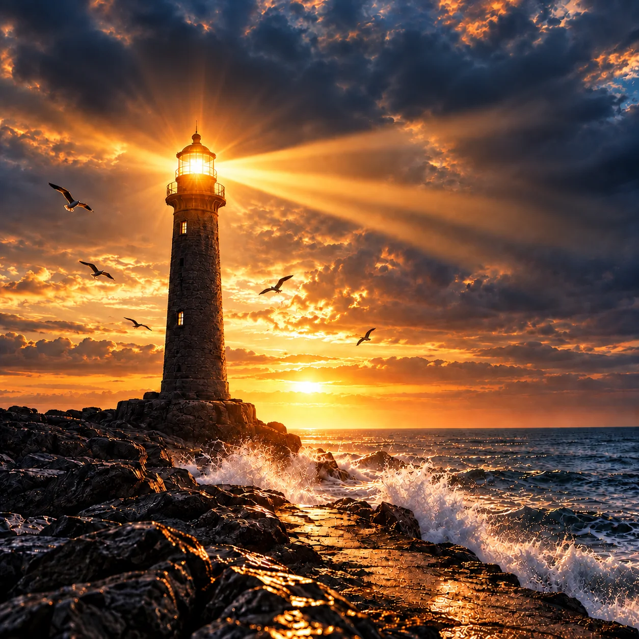 consultation-opt-1-1 Phare en pierre sur une côte rocheuse au coucher du soleil avec des vagues et des mouettes."consultation juridique