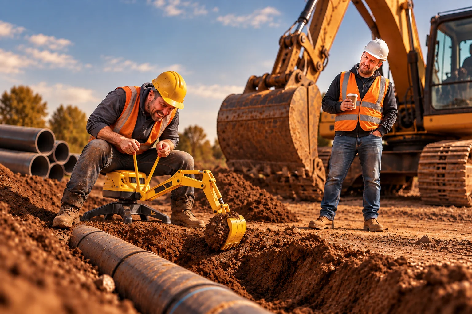 contestation appel offre-opt une scène de chantier de construction métaphorique. Au premier plan, un travailleur accroupi sur un siège à roulettes manipule avec le sourire les manettes d'une pelle mécanique miniature jaune, creusant la terre au-dessus d'une conduite enfouie. À côté de lui, un collègue en tenue de sécurité (casque blanc et gilet orange) l'observe d'un air sceptique, une tasse de café à la main, devant une véritable excavatrice de taille réelle et un tas de terre. concept juridique de la contestation ou de la conformité d'un appel d'offres en construction.