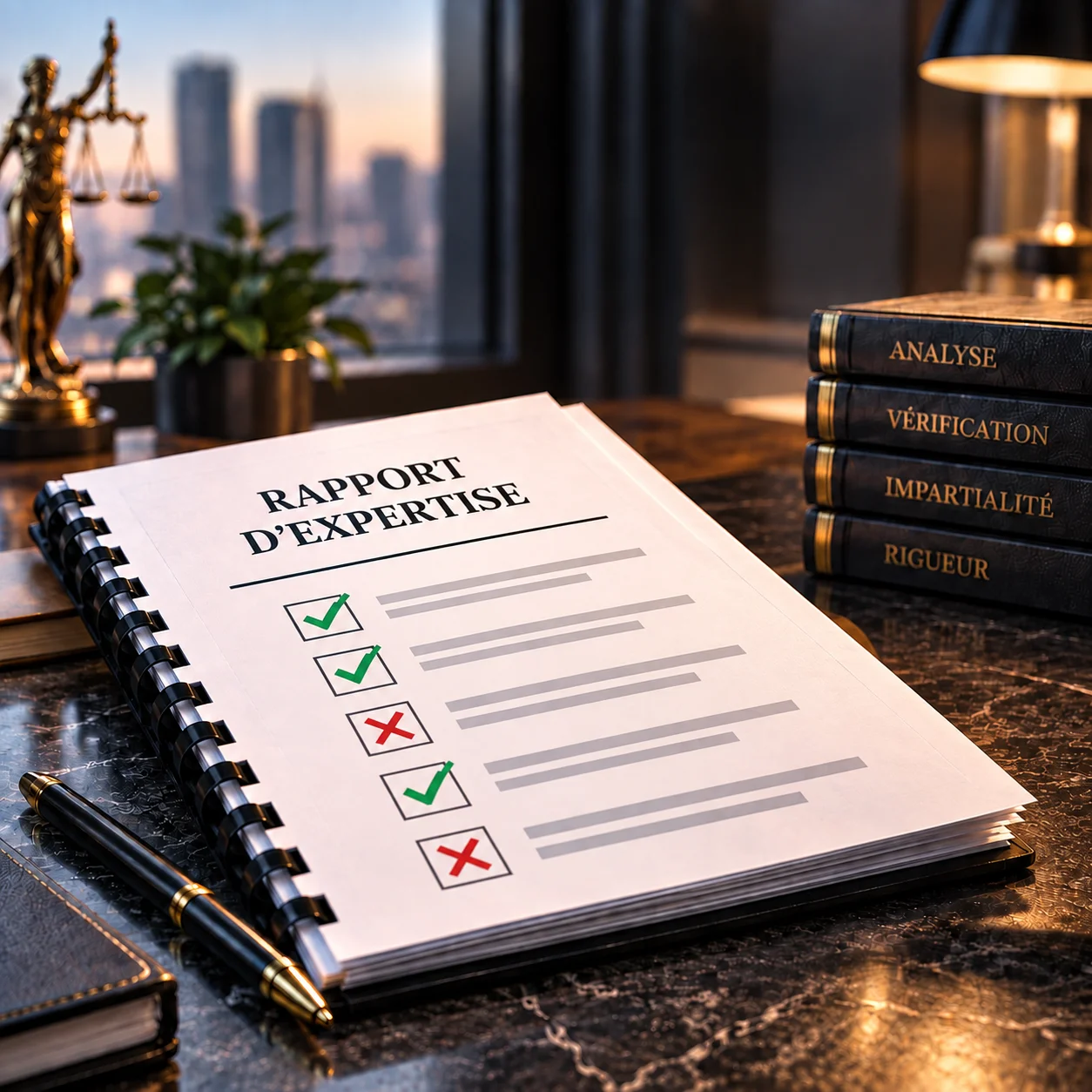 critique-rapport-expertise-opt-1 Rapport d'expertise posé sur un bureau juridique avec des cases cochées et des croix, à côté de livres intitulés analyse, vérification, impartialité et rigueur pour illustrer la critique de rapport d'expert
