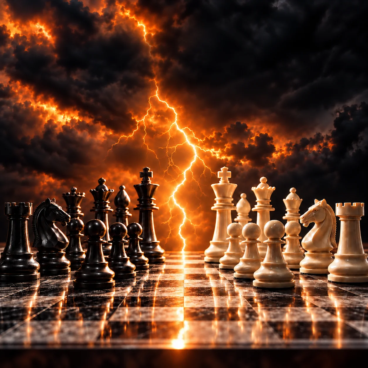 litige-entre-actionnaires-opt-1 Jeu d'échecs opposant pièces noires et blanches dans une tempête pour illustrer un litige entre actionnaires