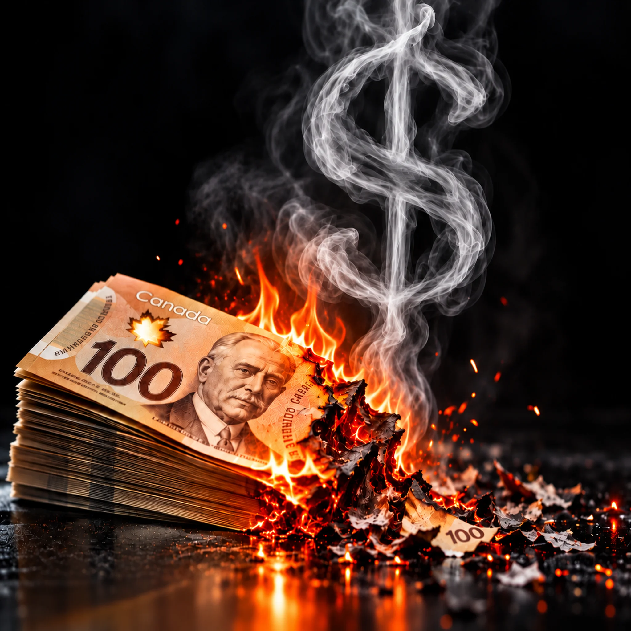 perte-de-revenus-opt-1 Billets canadiens qui brûlent avec de la fumée en forme de dollar pour illustrer une perte de revenus