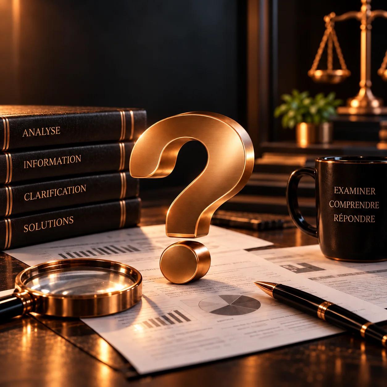 questions-opt-1 Point d'interrogation doré posé sur des documents juridiques avec une loupe, une tasse et des livres de droit pour la section questions