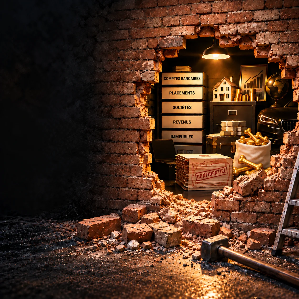 recherche-actifs-et-revenus-opt-1 Brèche dans un mur de briques dévoilant une pièce cachée contenant des dossiers confidentiels, des liasses de billets, de l'or et des coffres pour illustrer la recherche d'actifs et de revenus.