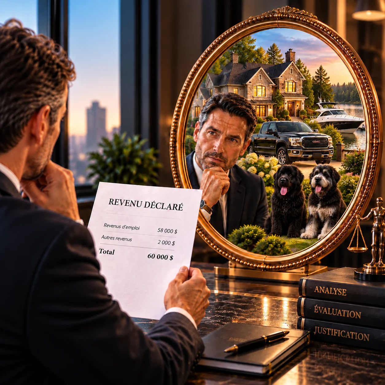 revenu-notionnel-opt-1 Homme d'affaires tenant une déclaration de revenu face à un miroir reflétant son mode de vie – Calcul du revenu notionnel